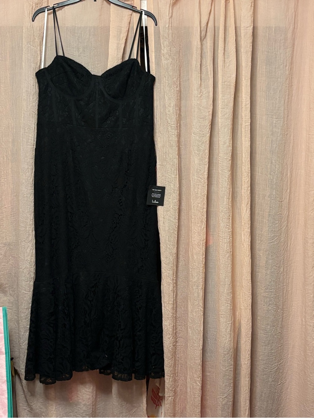 Lulu's Black Lace Midi Dress with Spaghetti Straps